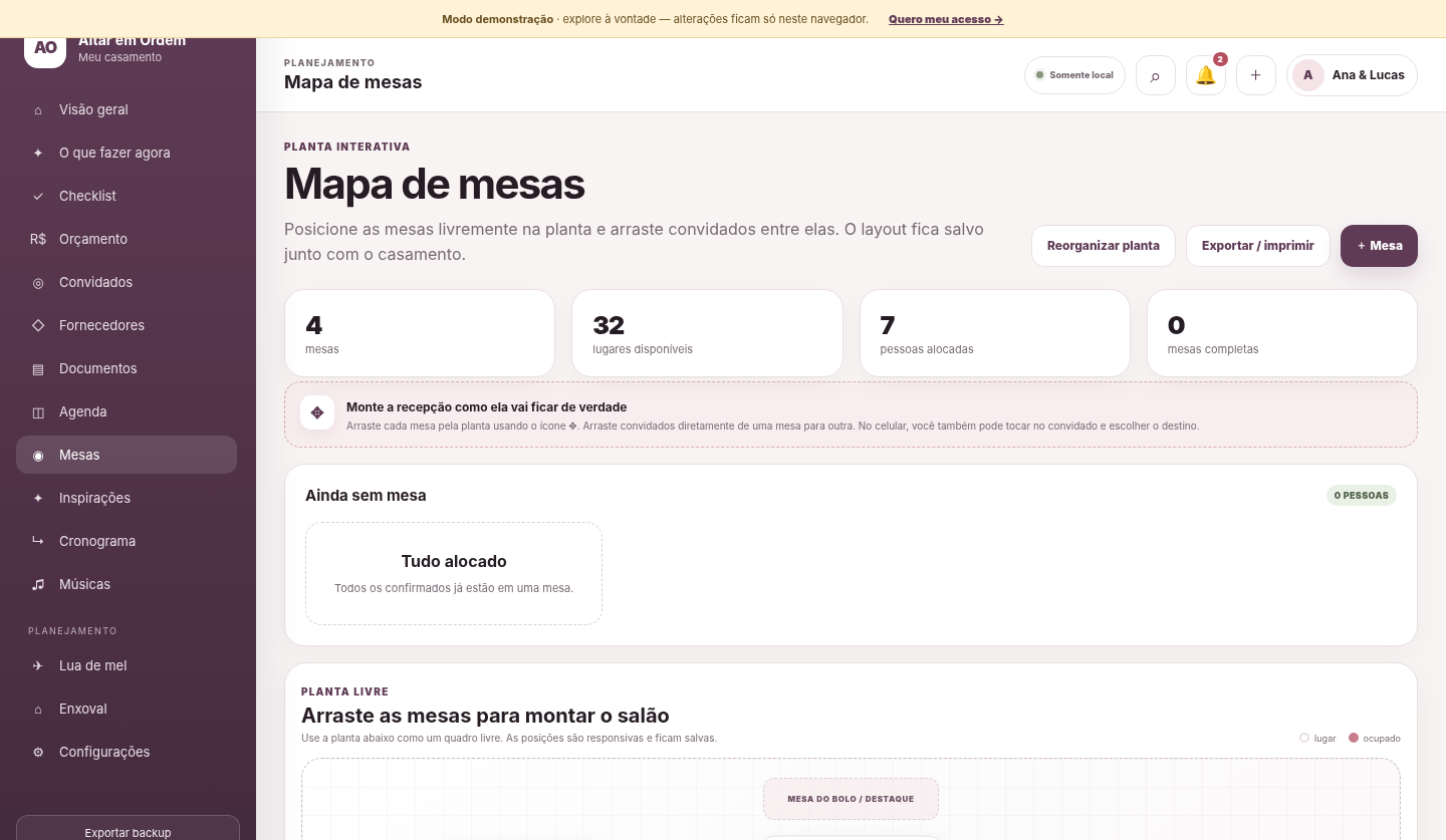 Tela real do mapa de mesas do Altar em Ordem